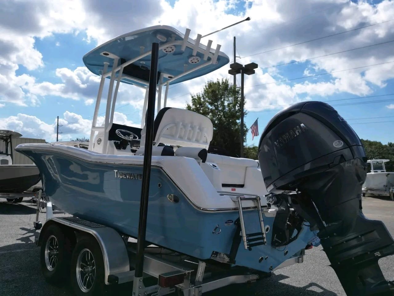 Angled raer staern trailer view Tidewater 210 LXF angled rear stern view on trailer