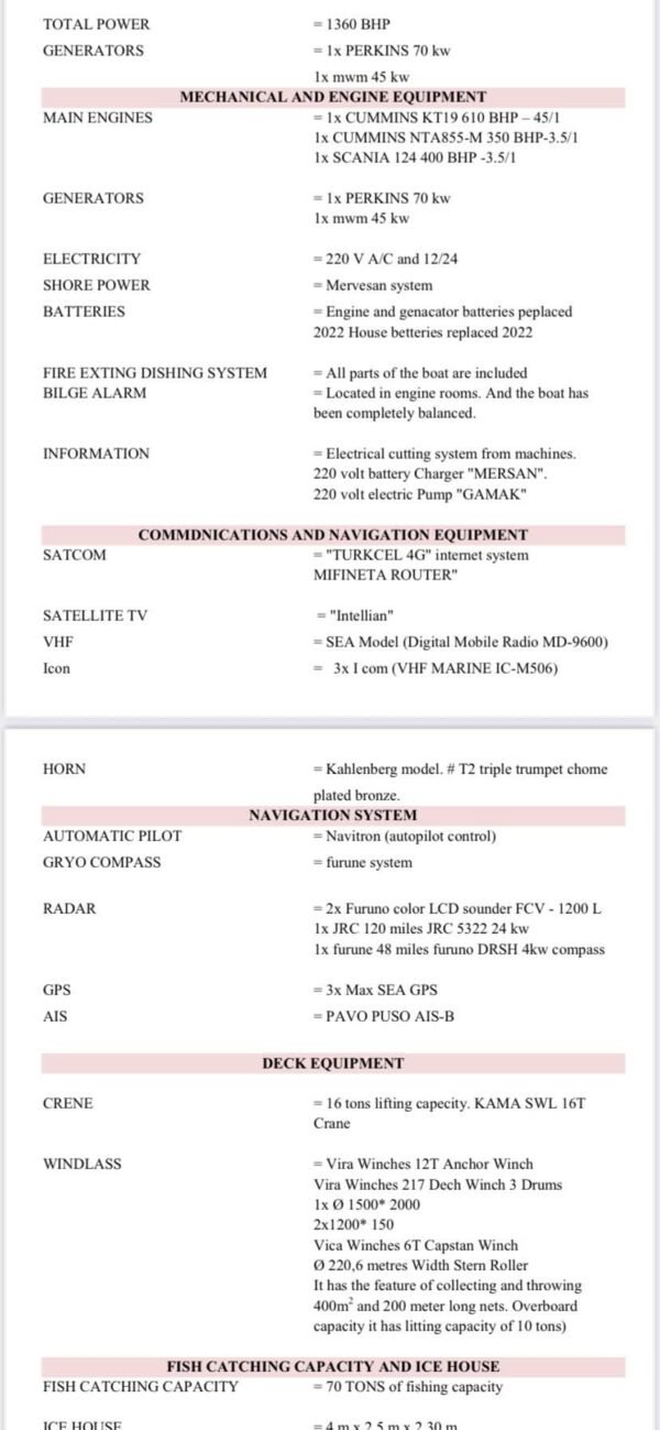 Fishing Vessel Technical Specifications Sheet