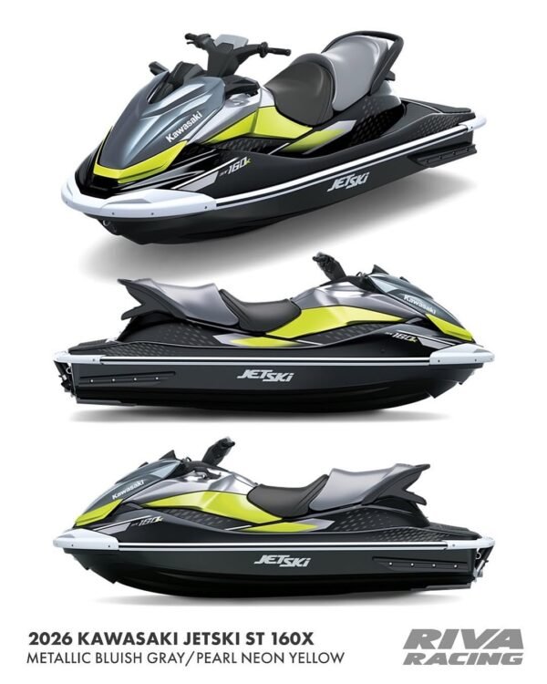 2026 Kawasaki Jet Ski ST 160X in Metallic Bluish Grey Pearl with Neon Yellow accents